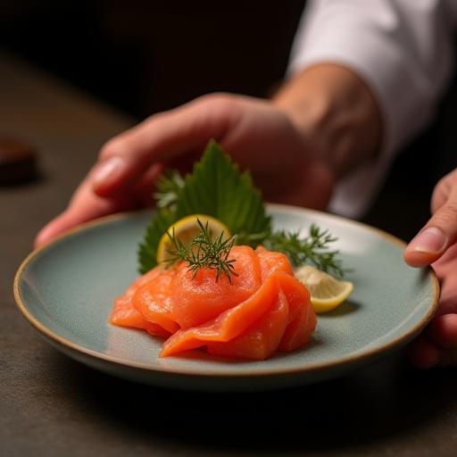 An elegant plate of sashimi being served by a private chef.