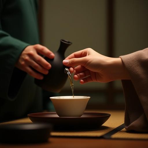 A host pouring tea for a guest, embodying Japanese hospitality.